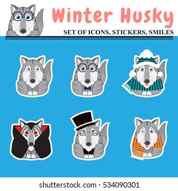 Vector flat icon set. Kawaii husky, malamutes with different clothes. Hipster, dog with scarp and hat, Dracula, gentleman cartoon characters
