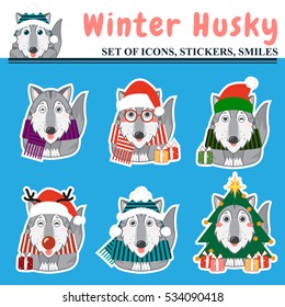 Vector flat icon set. Kawaii husky, malamutes with Christmas masquerade outfits: Santa Claus, deer, Elf, Christmas tree