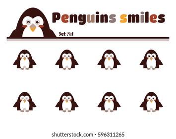 Vector flat icon set. Kawaii penguins smiles with different face expression. Abstract animal, flat bird smiles. Happy, fun, shy, sly, grumpy, scared face. Cartoon character set 1