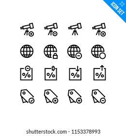 Vector Flat Icon Set in Line Style. Contains such Icons as Telescope, Globe, Percentage, Tag