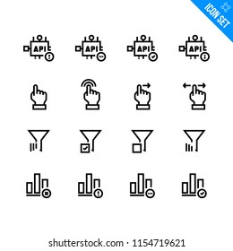Vector Flat Icon Set in Line Style. Contains such Icons as API, Hand Gestures,Filter, Bar Graph. Internet technology related icons.