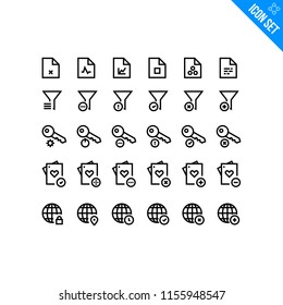 Vector Flat Icon Set in Line Style. Contains such Icons as File, Filter, Key, Poker Cards, World Wide.