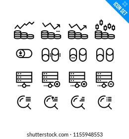 Vector Flat Icon Set in Line Style. Contains such Icons as Revenue Graph, Switcher, Server Storage, Search. 