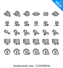 Vector Flat Icon Set in Line Style. Contains such Icons as API, IP, Key, Data Storage, Speedometer. Internet technology related icons.