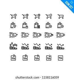 Vector Flat Icon Set in Line Style. Contains such Icons as Shopping Cart, Shopping Bag, Money, Revenue Graph, Percentage. Money and Finance related icons.