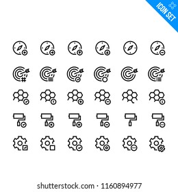 Vector Flat Icon Set in Line Style. Contains such Icons as Compass, Target, Cells, Roller Brush, Settings.