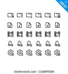 Vector Flat Icon Set in Line Style. Contains such Icons as Folder, File, Video, Notification Bell, Settings.