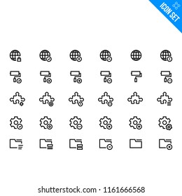 Vector Flat Icon Set in Line Style. Contains such Icons as Globe, Roller Brush, Plugin Technology, Settings, Folder.