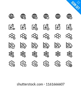 Vector Flat Icon Set in Line Style. Contains such Icons as Globe, Create New, Cells, Rulers, Node, Settings. Technology related icons.