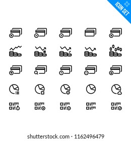 Vector Flat Icon Set in Line Style. Contains such Icons as Credit Card, Revenue graph, Pie Chart, News Feed. Money Related icons