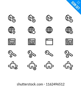 Vector Flat Icon Set in Line Style. Contains such Icons as Cookie, Globe, Browser, Key, Plugin. Internet related Icons.