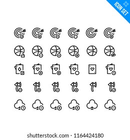 Vector Flat Icon Set in Line Style. Contains such Icons as Target, Ball, Paying Cards, Axe, Poker. Games related icons.