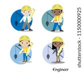 Vector Flat icon set. Multi Ethnic Male and Female Engineer Cartoon Illustration isolated on White Background.