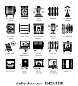 Vector Flat Icon Set With Radiator, Convector And Fireplace. Home Heating Equipment. Different Gas, Oil & Electric Heaters. Solar Panel. Wood Stove. Isolated Objects On White Background