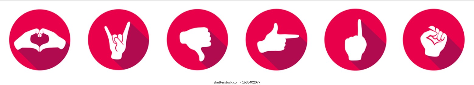 Vector flat icon set with six items. Sign with hand. Communication symbol. White hand with gesture on red round background isolated on white. Web button. Mood sticker. Modern illustration