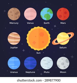 Vector flat  icon set of solar system planets, sun and moon on dark space background. Mercury, venus, earth, mars, jupiter, saturn, uranus, neptune, pluto, stars and sun.