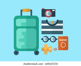 Vector flat Icon Set of Travel or Summer Vacation. Suitcase with t-shirt, eye glasses and passport along with photo camera baggage concept illustration