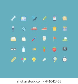 Vector flat icon set; wrench, browser, phone, trashcan, stopwatch, strawberry, link
