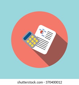 Vector flat icon of sheet with business graph and calculator.