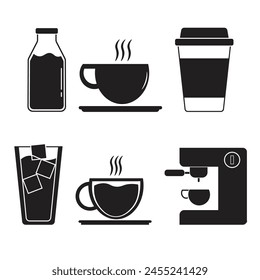 vector flat icon sheet of types of drinks such as coffee, milk, tea and cold drinks and coffee drink making machine