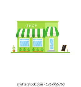 Vector flat icon shop, market, store or cafe with announcement board. For web design and application interface, also useful for infographics. Vector. Store landscape flat design on the white.