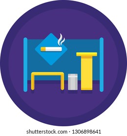 Vector flat icon of smoking room with cigarette symbol, bench, trash can, standing desk illustration