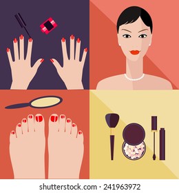Vector flat icon of spa procedure and make up. Vector flat design of manicure procedure. Manicure spa. Manicure elements. Manicure vector details. Flat illustration of manicure.