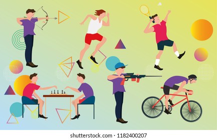 Vector flat icon sport events - athletes various sports contested.booklets, brochures, promotional materials, banners, web design. Isolated on a white background.All sport species of events in 2018.