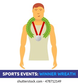 Vector flat icon sport events - athlete holding a gold cup winner. booklets, brochures, promotional materials, banners, web design. Isolated on a white background