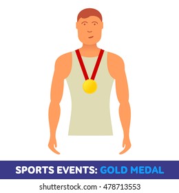 Vector flat icon sport events - athlete with a gold medal winner. booklets, brochures, promotional materials, banners, web design. Isolated on a white background