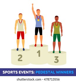 Vector flat icon sport events - athletes on the podium of winners. booklets, brochures, promotional materials, banners, web design. Isolated on a white background