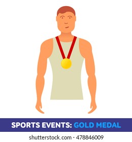 Vector flat icon sport events - athlete with a gold medal winner. booklets, brochures, promotional materials, banners, web design. Isolated on a white background