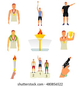 Vector flat icon sport events - athletes medals podium, trophy, wreath, Judge, the starting gun. booklets, brochures, promotional materials, banners, web design. Isolated on a white background