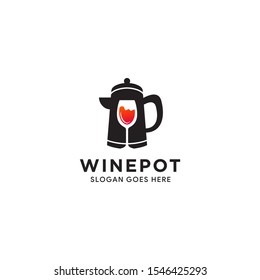 Vector Flat Icon Style Illustration Logo for teapot and a glass of wine shop for Healthy Lifestyle. Cup of wine