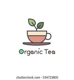 Vector Flat Icon Style Illustration Logo for Organic Green tea Shop for Healthy Lifestyle. Cup of Organic gGreen Tea and Fresh Green Leafs  