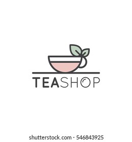 Vector Flat Icon Style Illustration Logo for Organic Green tea Shop for Healthy Lifestyle. Cup of Organic Green Tea and Fresh Green Leafs