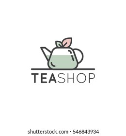 Vector Flat Icon Style Illustration Logo for Organic Green tea Shop for Healthy Lifestyle. Cup of Organic Green Tea and Fresh Green Leafs