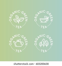 Vector Flat Icon Style Illustration Logo Labels Badge Set for Organic Green tea Production or Shop for Healthy Lifestyle