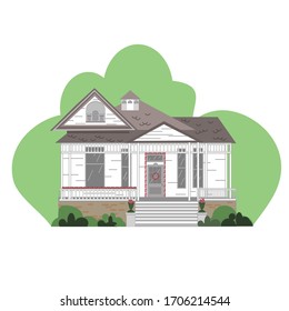 Vector flat icon of suburban american house. For web design and app interface, also useful for infographics. Family house icon isolated on white background.