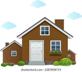 Vector flat icon suburban american house. For web design and application interface, also useful for infographics. Family house icon isolated on white background. Neighborhood with homes illustrated.