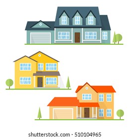 Vector Flat Icon Suburban American House. For Web Design And Application Interface, Also Useful For Infographics. Family House Icon Isolated On White Background.