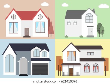 Vector flat icon suburban american house. For web design and application interface, also useful for infographics. Family house icon isolated on white background. Neighborhood with homes illustrated.