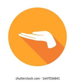 Vector flat icon "Supportive hand". Sign with hand. Communication symbol. White hand with gesture on orange round background isolated on white. Web button. Mood sticker. Modern illustration