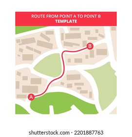 Vector flat icon or template of city street map plan with gps navigator – marked route from point A to point B on the map. The map is isolated on a white background. Navigation graphic element.