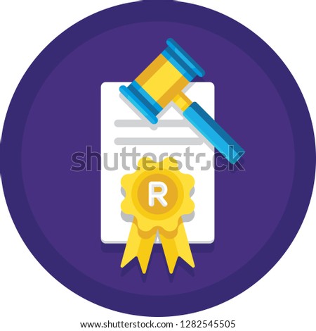 Vector flat icon of trademark illustration. A judge gavel and a labelled paper.