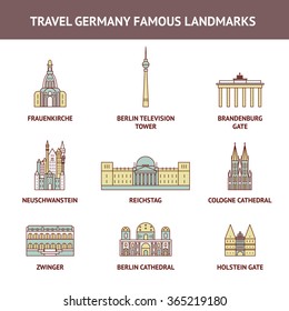 Vector Flat icon travel Germany famous landmarks : Frauenkirche, Berlin Television Tower,  Brandenburg Gate, Neuschwanstein, Reichstag,  Cologne Cathedral,  Zwinger,  Berlin Cathedral,  Holstein gate