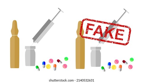 Vector flat icon of Vaccine, capsule, Pill and syringe with fake rubber stamp effect
