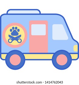 Vector flat icon of a van with paw and shears symbol. Mobile pet grooming illustration concept.