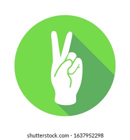 Vector flat icon "Victory","Peace". Sign with fingers. Communication symbol. White hand with gesture on green round background isolated on white. Web button. Mood sticker. Modern illustration