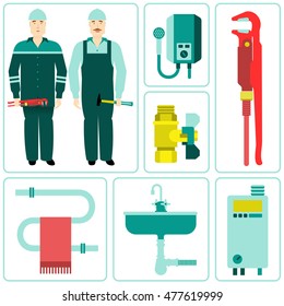 Vector flat icon water equipment. Equipment and household appliances for the kitchen, bathroom, heating. Plumbing tool. brochures, promotional materials, banners. Isolated on a white background